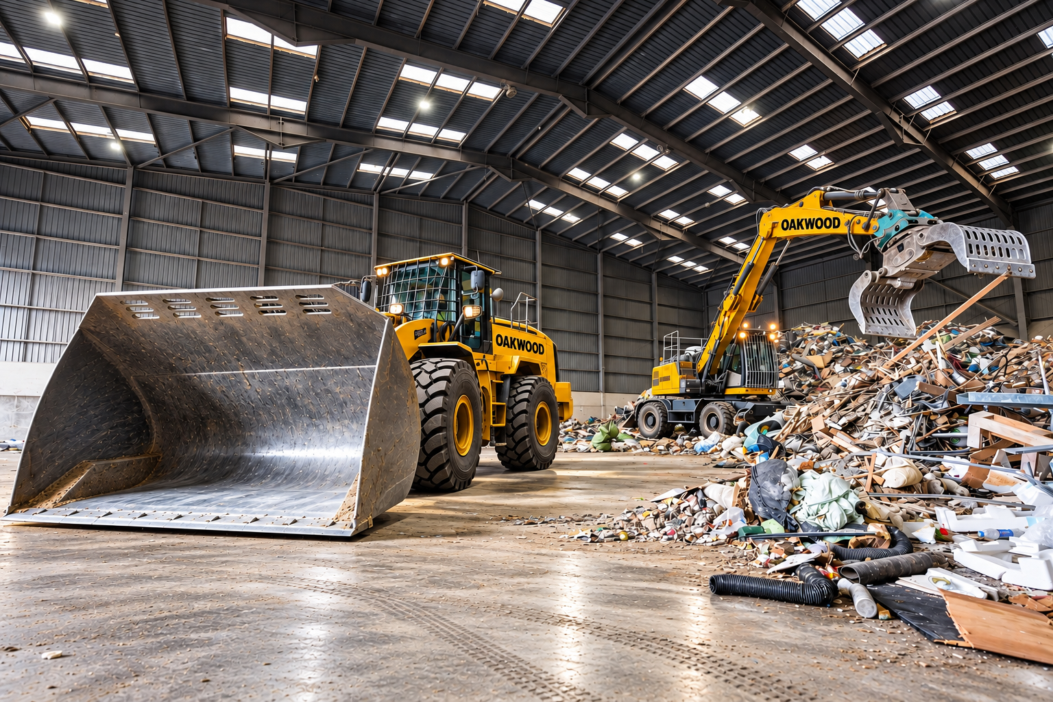 Oakwood loading shovel and grab inside the transfer hall